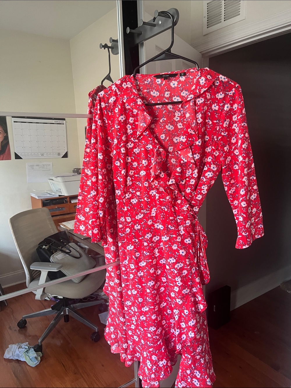 Vero Moda Red Floral Wrap Dress with Ruffle Trim
